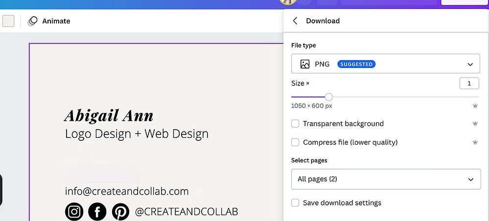 Canva interface showing the share settings panel used to collaborate on a business card design.