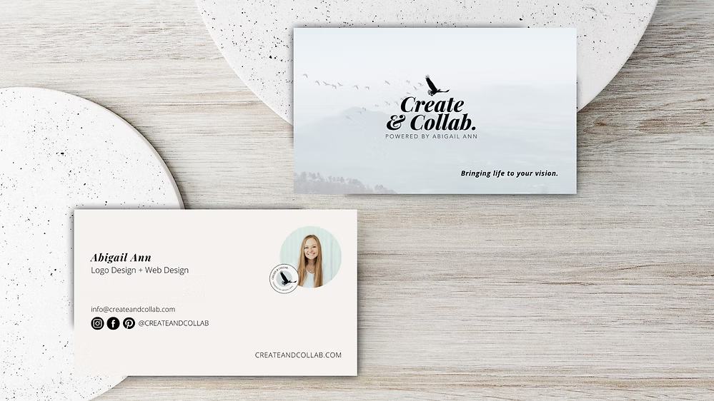 Professional business card mockup showing Create & Collab branding on textured paper background with geometric shapes.
