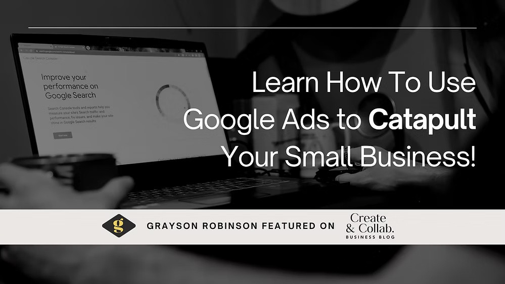 Laptop displaying Google Ads performance dashboard with headline about growing a small business through paid advertising