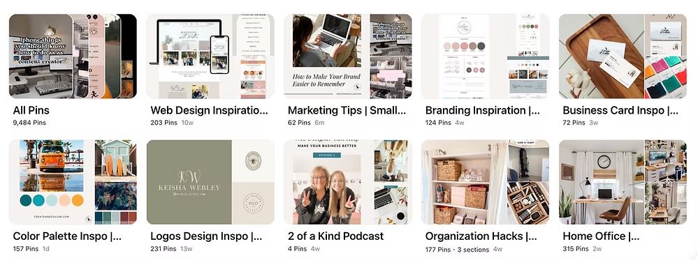Pinterest profile page showing organized boards for web design inspiration, marketing tips, branding, business cards, and home office ideas.