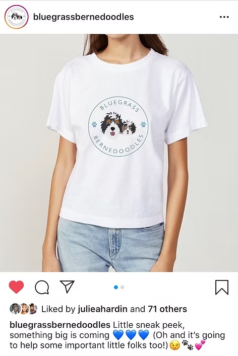 Instagram post showing white t-shirt with Bluegrass Bernedoodles circular logo featuring dog illustration.
