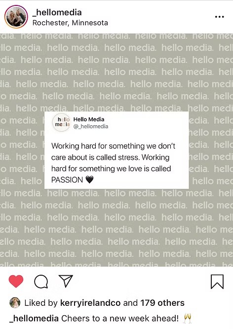 Instagram post with motivational quote about passion versus stress on repeated "hello media" background pattern.
