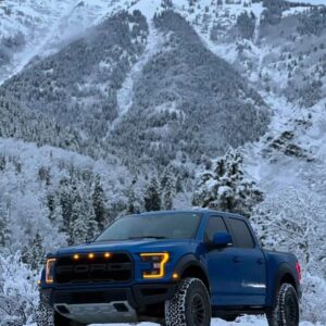 Blue Ford Raptor truck parked in snowy mountain landscape with snow-covered trees and peaks in background.