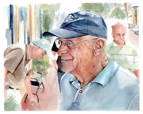 Watercolor painting of elderly man wearing cap and glasses with people in background on street scene.