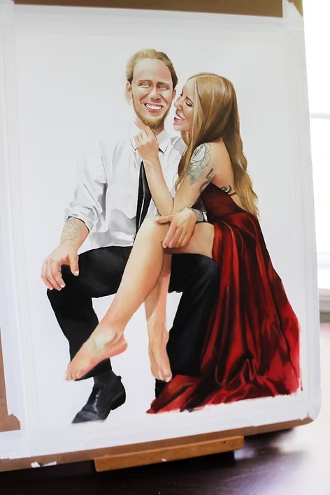 Realistic painting of a happy couple, with the woman in a red dress sitting beside the man.