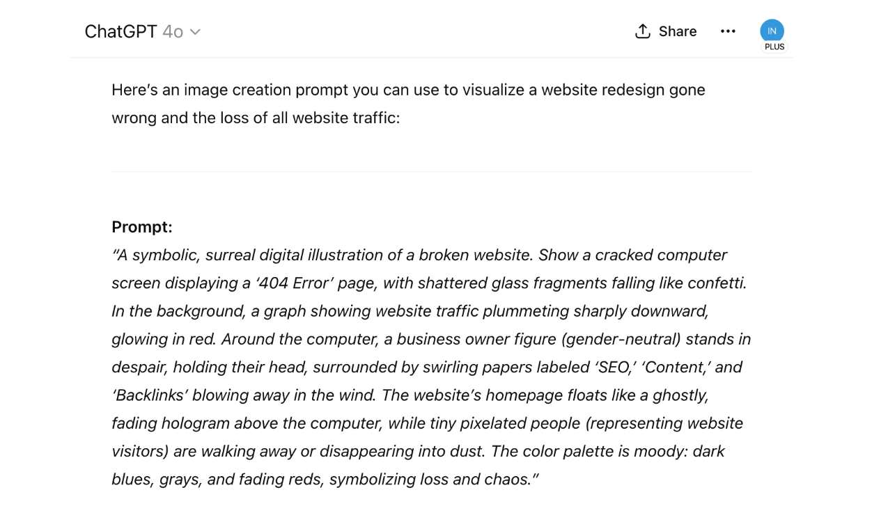 Screenshot of ChatGPT interface showing a creative prompt about a failed website redesign and lost traffic
