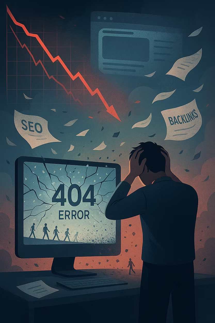 Person standing before cracked computer screen with 404 error and declining traffic graph in background