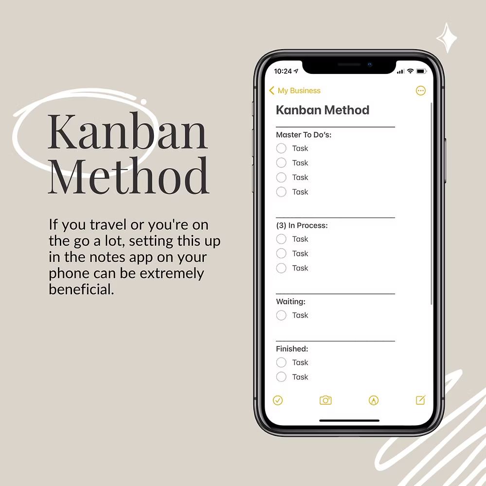 Smartphone screen displaying a digital Kanban board in a notes app with sections for Master To Do’s, In Process, Waiting, and Finished.