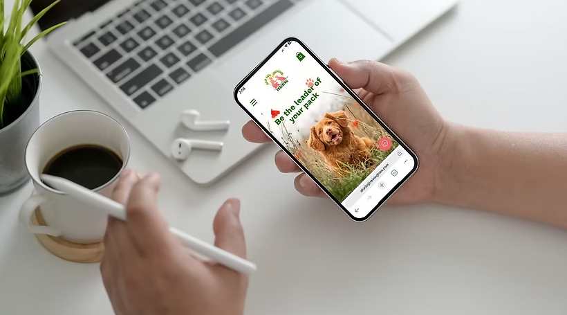 Person holding smartphone with dog training app open, stylus in hand, laptop and coffee on desk 