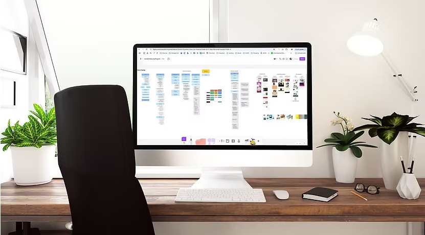 Desktop computer on wooden desk displaying a digital whiteboard with project management workflow 