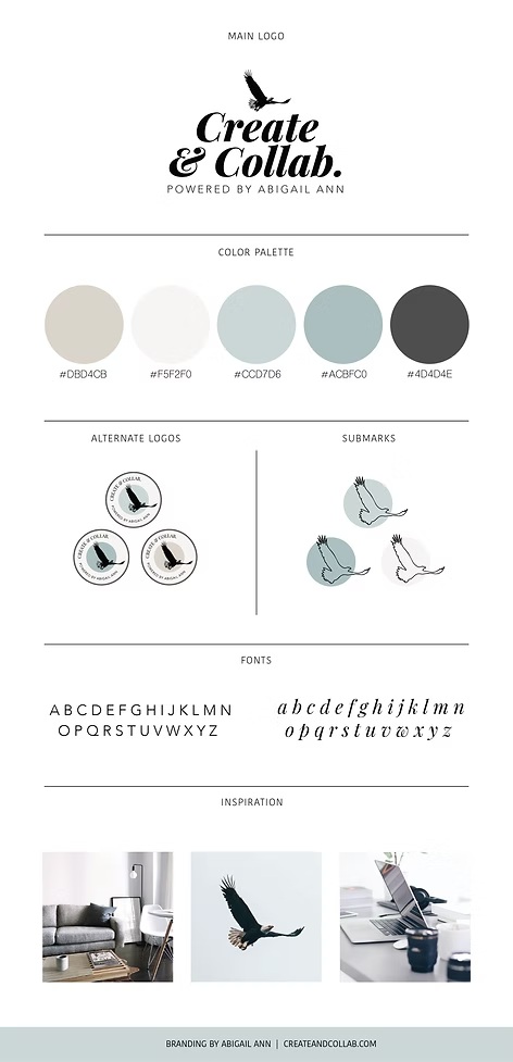 Branding board for Create & Collab featuring logo, bird illustration, color palette, fonts, and inspiration images.