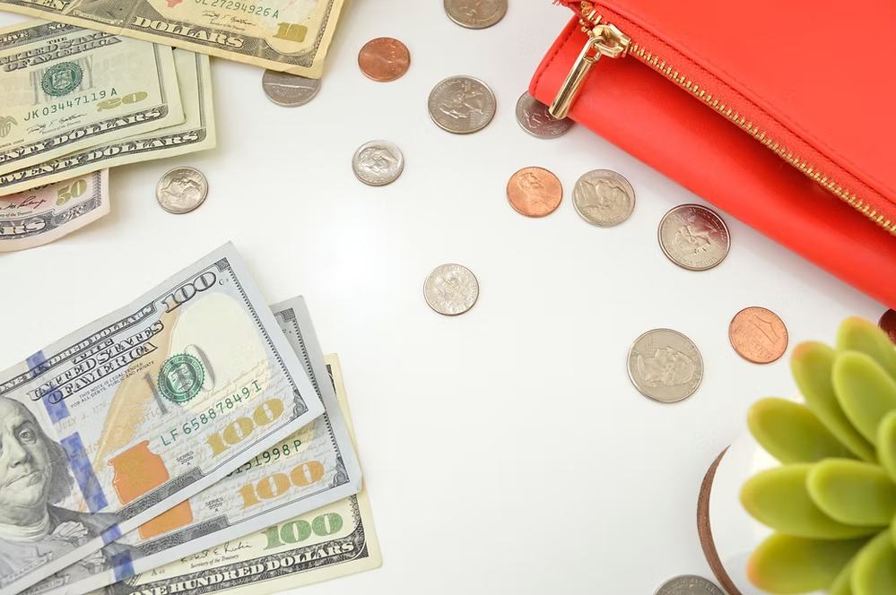 Collection of U.S. currency bills and coins arranged beside a red wallet and succulent plant.
