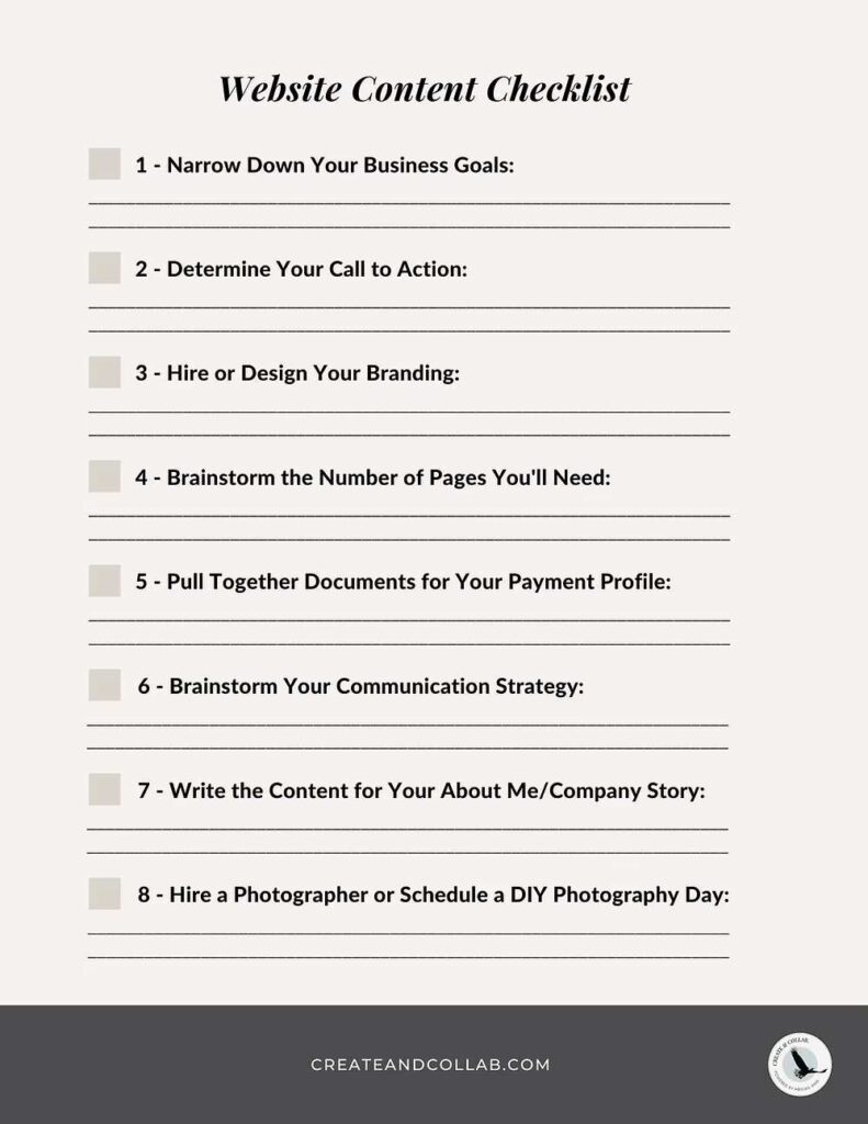 Website content checklist with eight structured tasks for planning and creating site content.