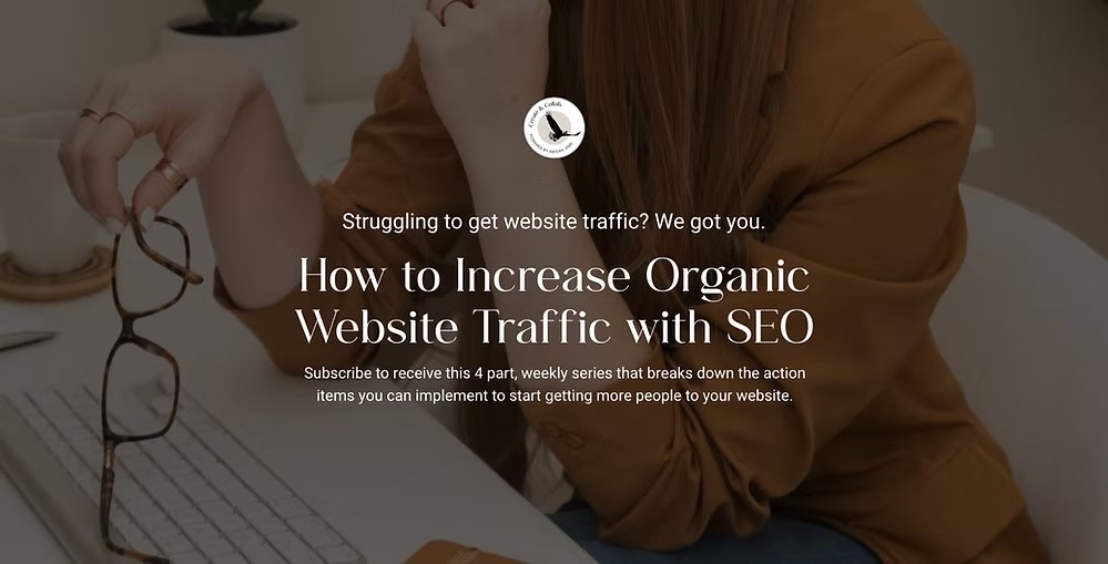 Person at desk with laptop and eyeglasses, promotional banner text about increasing website traffic with SEO.