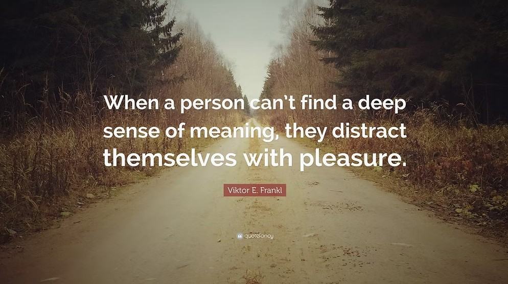 Inspirational quote image of a forest path with Viktor Frankl’s words about meaning and pleasure.