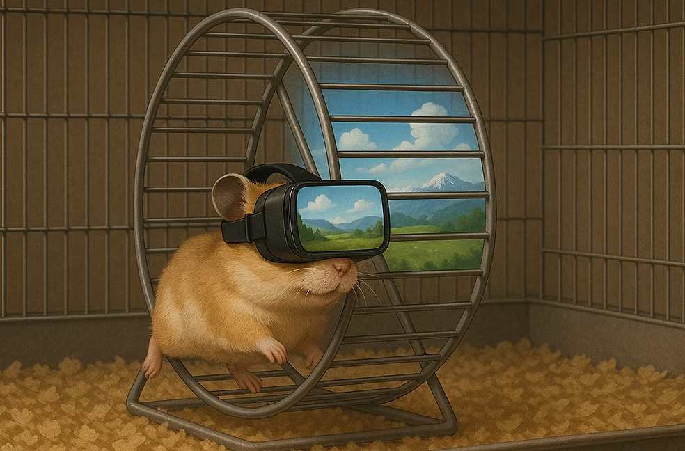 Hamster running on a wheel inside a cage while wearing a virtual reality headset showing a scenic landscape.