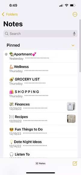 Smartphone screen showing a list of organized folders for notes and business content.
