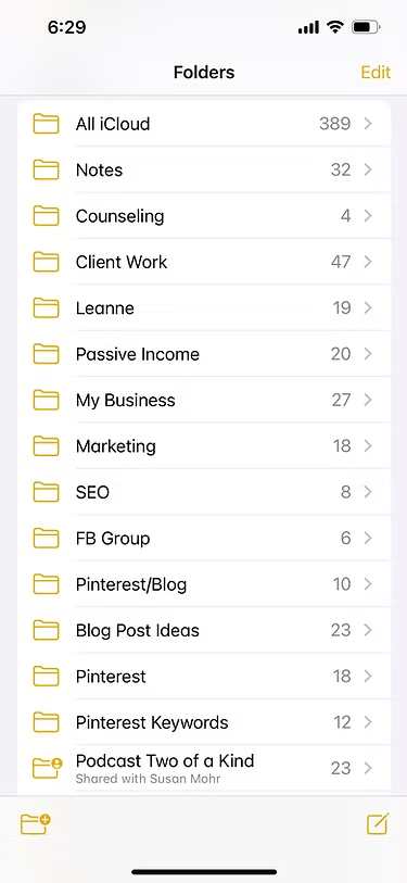 Smartphone screen showing a list of organized folders for notes and business content.